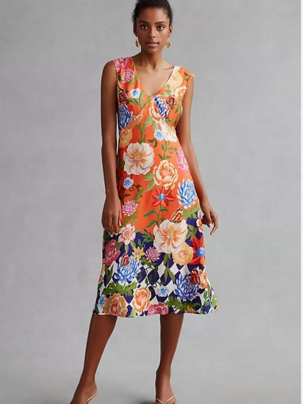 Anthropologie Floral Painterly Orange Open-Back Midi Dress Size 0P